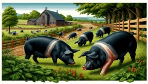 The Hampshire Hog - A vivid and detailed illustration of Hampshire pigs in a farm setting. The scene features several Hampshire pigs, known for their distinctive black bo (1)